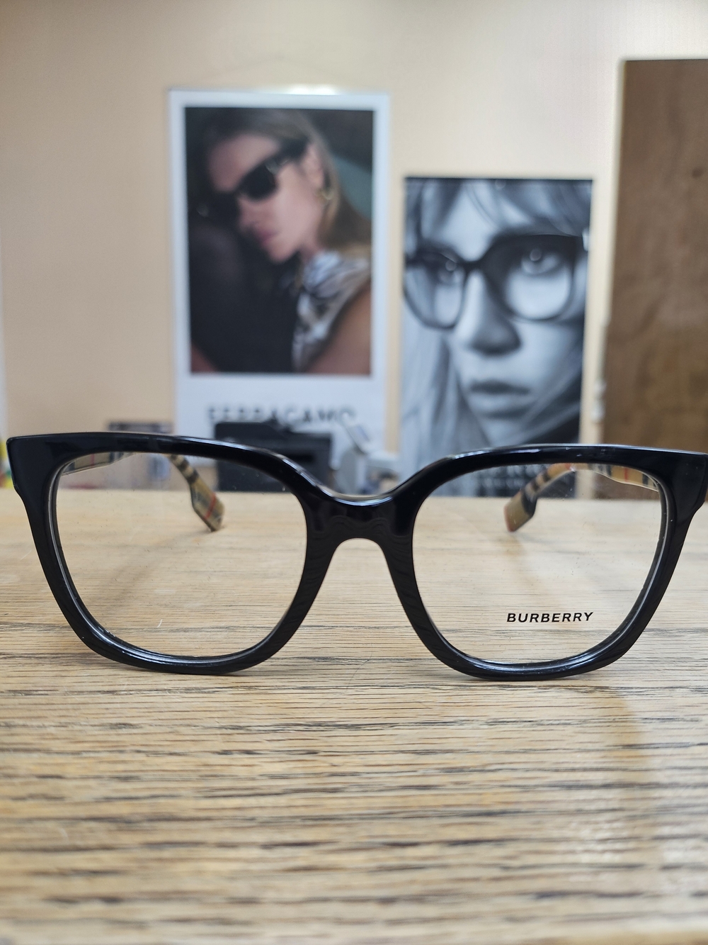 Burberry Black Square Women’s Acetate Glasses with Signature Check Temples